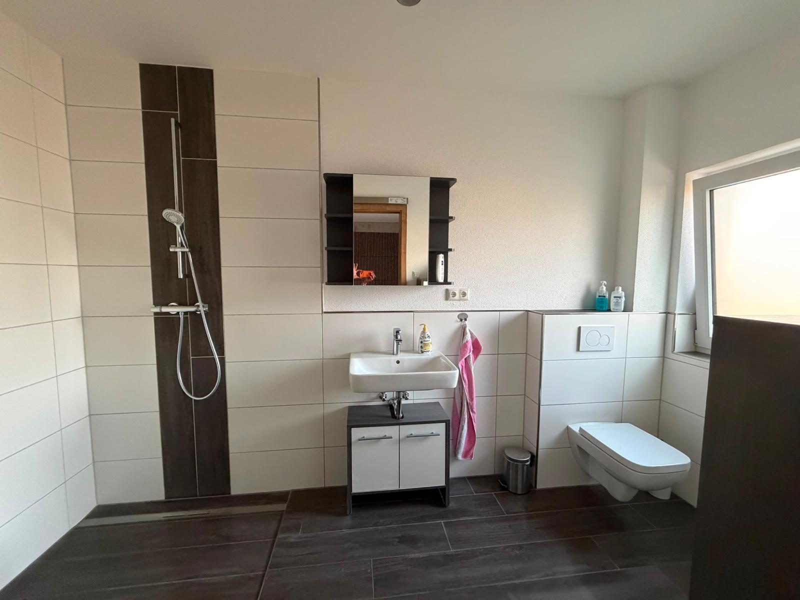 Bad mit Waschbecken, Spiegelschrank und WC